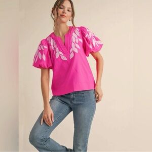 JODIFL Fuchsia Embroidered Puff Sleeve Blouse